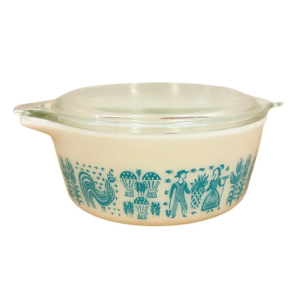 Vintage Pyrex Amish Butterprint Casserole Dish 472 1.5 Pt Turquoise White W/ Lid
